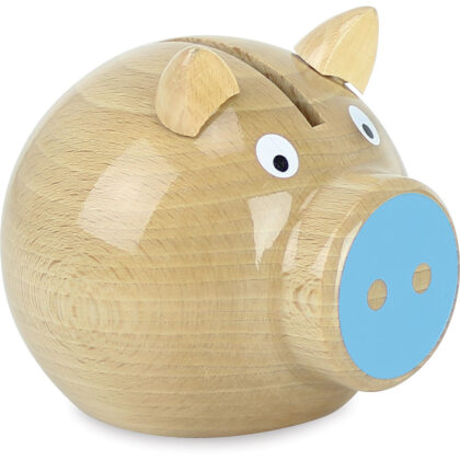 TIRELIRE COCHON BOIS NATUREL BLEU VILAC
