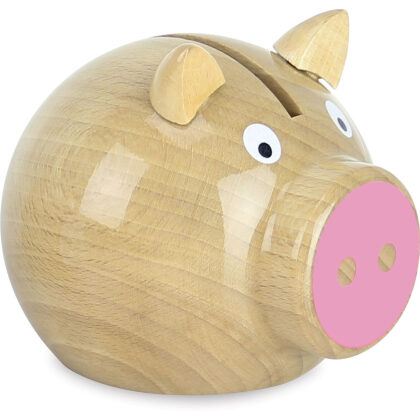 TIRELIRE COCHON BOIS NATUREL ROSE VILAC